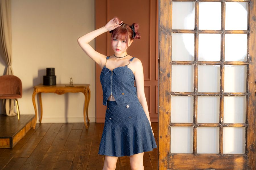 ワンピース Aライン ミニドレス 谷間 セットアップ キャミソール ジップ デニム 格子柄 同伴 キャバドレス