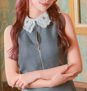 ミニドレス ワンピース Aライン 谷間 ノースリーブ グレー 上品 ジップ 胸元カバー 襟付き キャバドレス