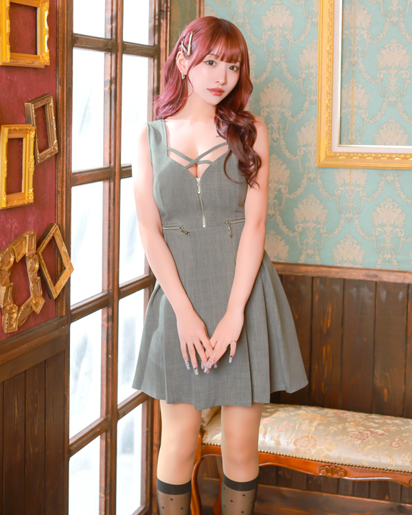 ミニドレス キャミソール フレアミニ Aライン ジップ 谷間 クロスコード グレー XL キャバドレス まやりん