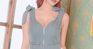 ミニドレス ワンピース Aライン ジップ プリーツスカート 谷間 ノースリーブ リボンショルダー ストライプ グレー XL キャバドレス