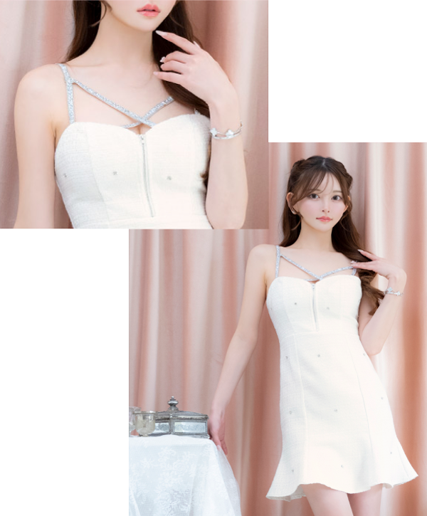 ミニドレス バストジップ ラメキャミソール ツイード Aライン キャバドレス