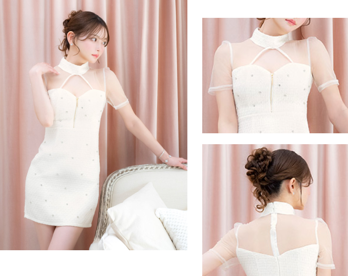 ミニドレス タイト 半袖 シアー ハイネック バストカット ジップ 谷間 ツイード ストーン ホワイト XL キャバドレス