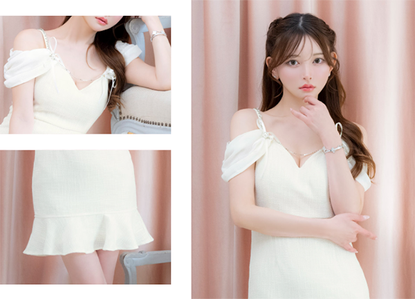ミニドレス タイト 肩あき 谷間 リボン ビジュー チャーム付き ツイード 裾フリル アイボリー XL XXL キャバドレス 