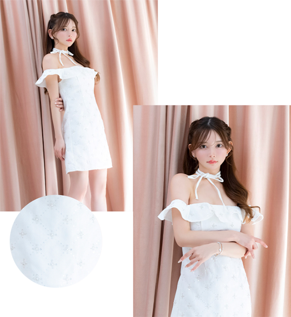 ミニドレス オフショルダー ツイード Aライン ビジュー フラワー チョーカーリボン付き ホワイト XL キャバドレス