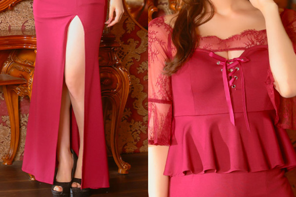 タイト ミニドレス 長袖 谷間 大きいサイズ ストレッチ ジップ パフスリーブ シアースリーブ ワンカラー キャバドレス