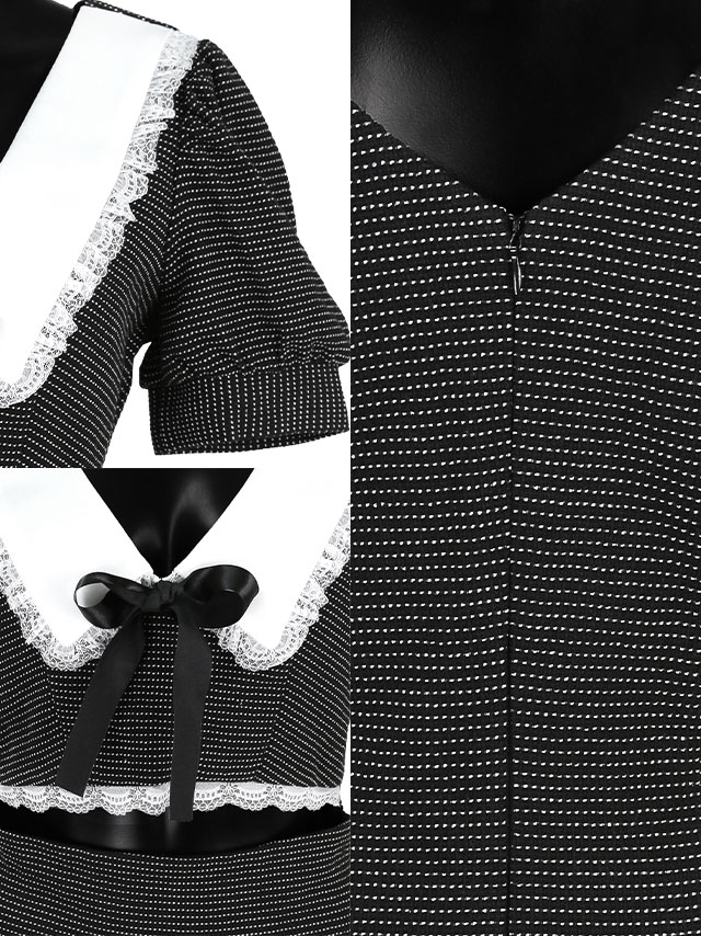 [韓国ドレス] ミニドレス 襟付き リボン 半袖 パフスリーブ ウエストカット モノトーン タイト キャバドレスの商品特徴1