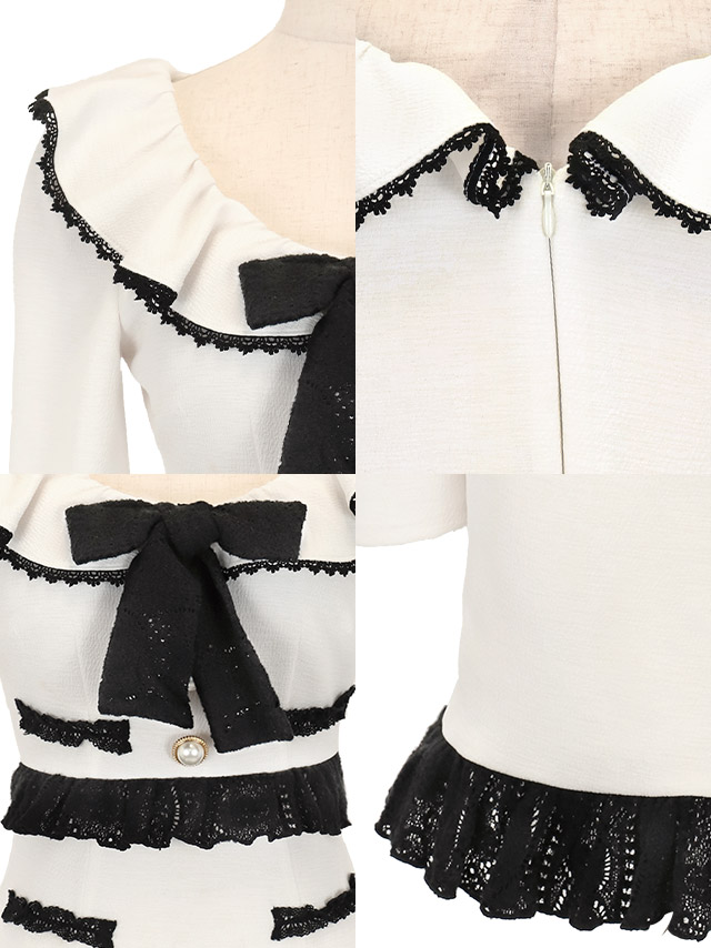 [韓国ドレス] ミニドレス ワンピース 長袖 パイピングレース 裾フリル モノトーン タイト キャバドレスの商品特徴1