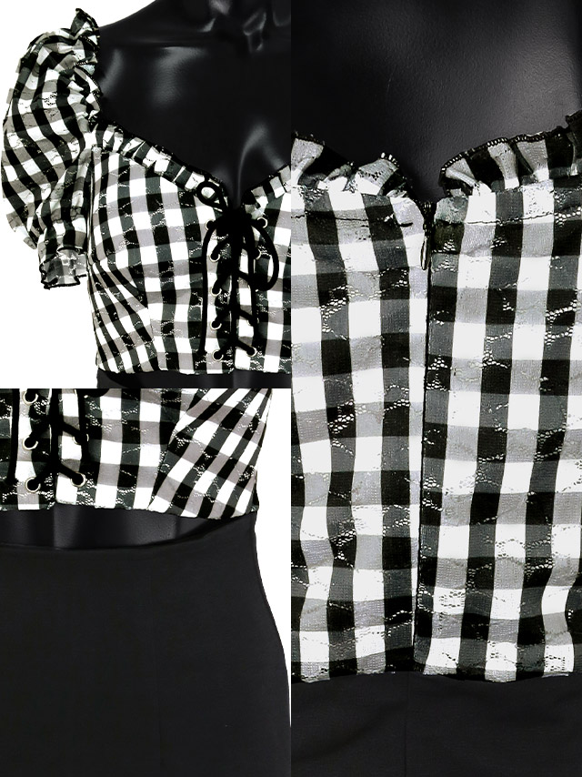 [韓国ドレス] ミニドレス ギンガムチェック柄 ウエストカットギャザー パフスリーブ 半袖 タイト キャバドレスの商品特徴1