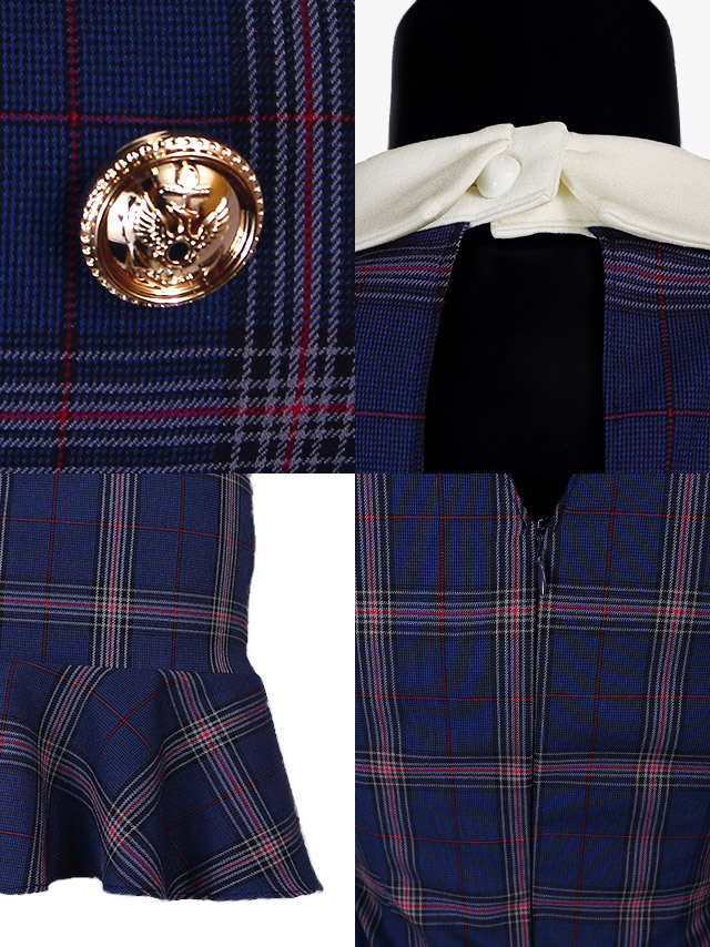 [韓国ドレス] チェック柄 スクエアネック バストカット 袖あり 七分袖 襟付き 谷間魅せ タイトミニ キャバドレスの商品特徴1