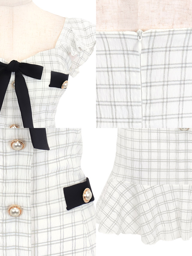 [韓国ドレス] ミニドレス ノースリーブ フリル袖 ガーリー チェック柄 パイピング タイト 裾フリル キャバドレスの商品特徴1