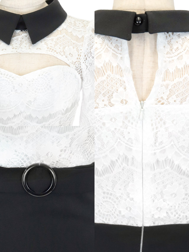 [韓国ドレス] ミニドレス 谷間魅せ 襟付き バストカット 袖あり スカラップレース タイト キャバドレスの商品特徴1