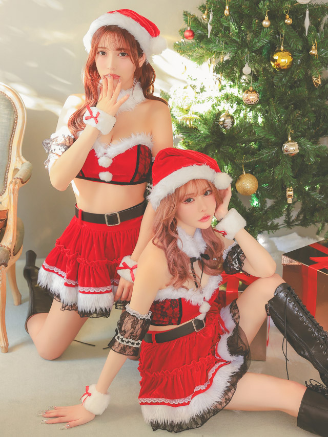 サンタコス 7点set へそ出しオフショルセパレートボリュームフリルフレアスカートサンタコスプレドレスのイメージ画像2