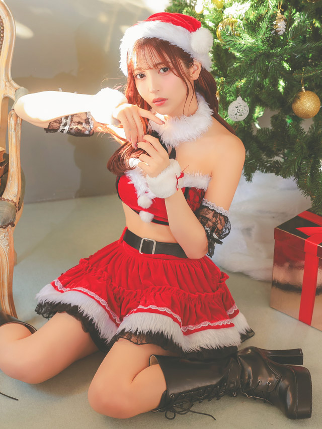 サンタコス 7点set へそ出しオフショルセパレートボリュームフリルフレアスカートサンタコスプレドレスのイメージ画像4