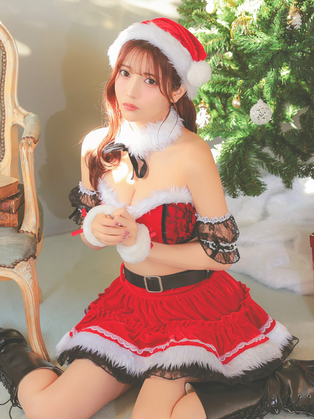 サンタコス 7点set へそ出しオフショルセパレートボリュームフリルフレアスカートサンタコスプレドレスのイメージ画像5