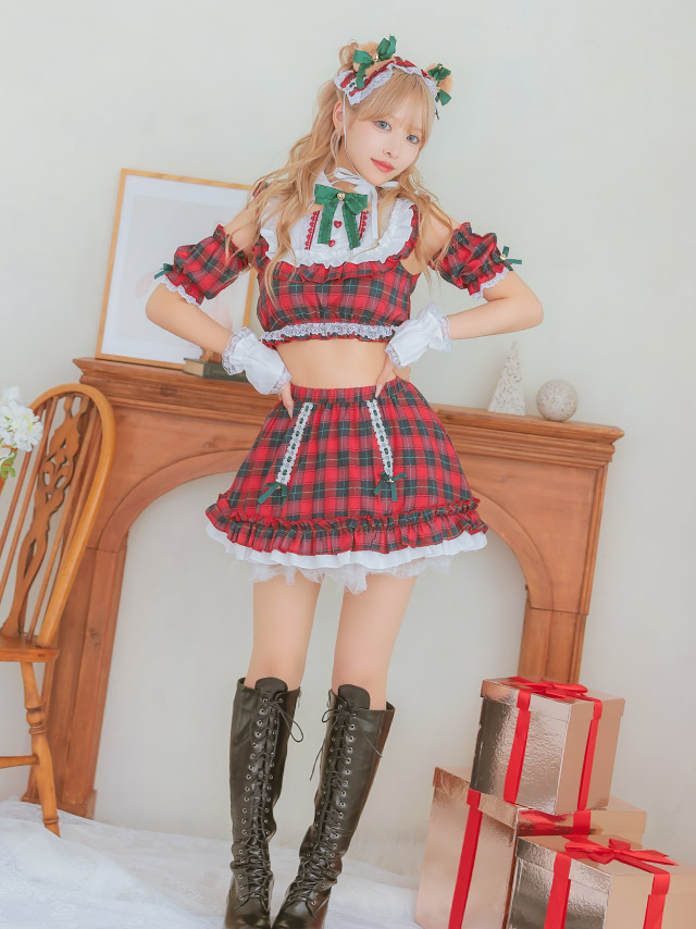 サンタコス 5点set クラシカルチェックレースフリルテディベアフレアスカートアニマルサンタコスプレのイメージ画像2