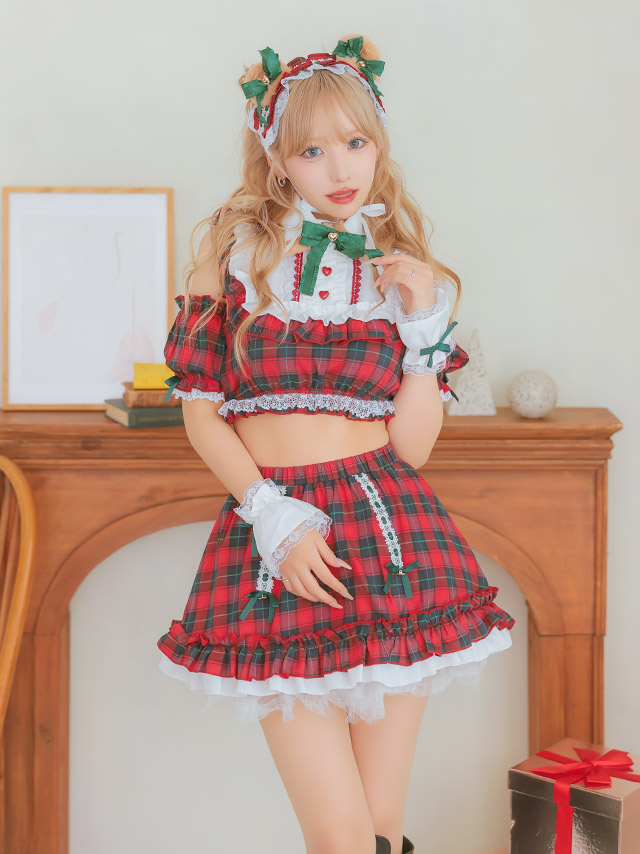サンタコス 5点set クラシカルチェックレースフリルテディベアフレアスカートアニマルサンタコスプレのイメージ画像4