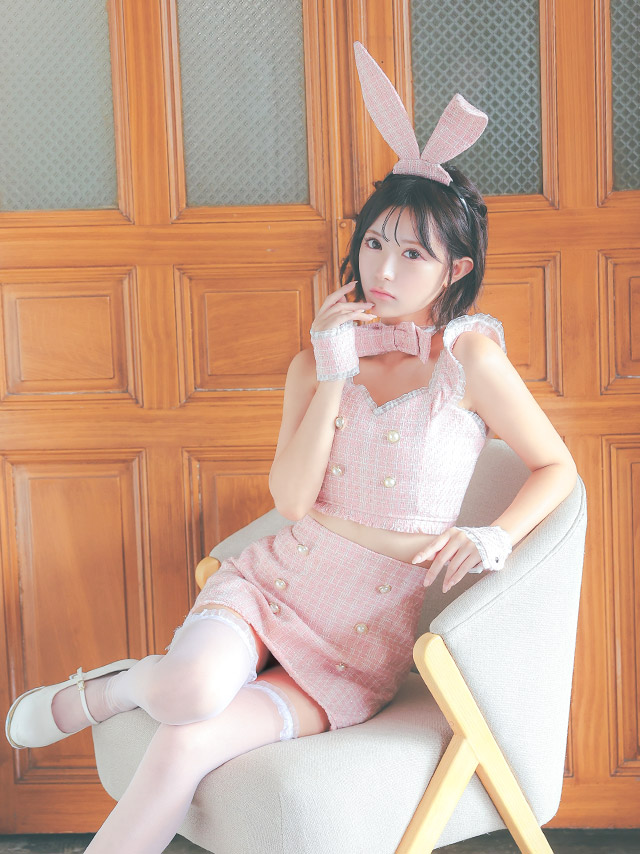 コスプレ バニーガール 6点set アニマル へそ出しツイード チュール パールボタン 台形スカート ガーリー キャバドレス (首元リボン/トップス/スカート/カチューシャ/カフス/尻尾)【ハロウィン】[tk-hw10224]のイメージ画像7