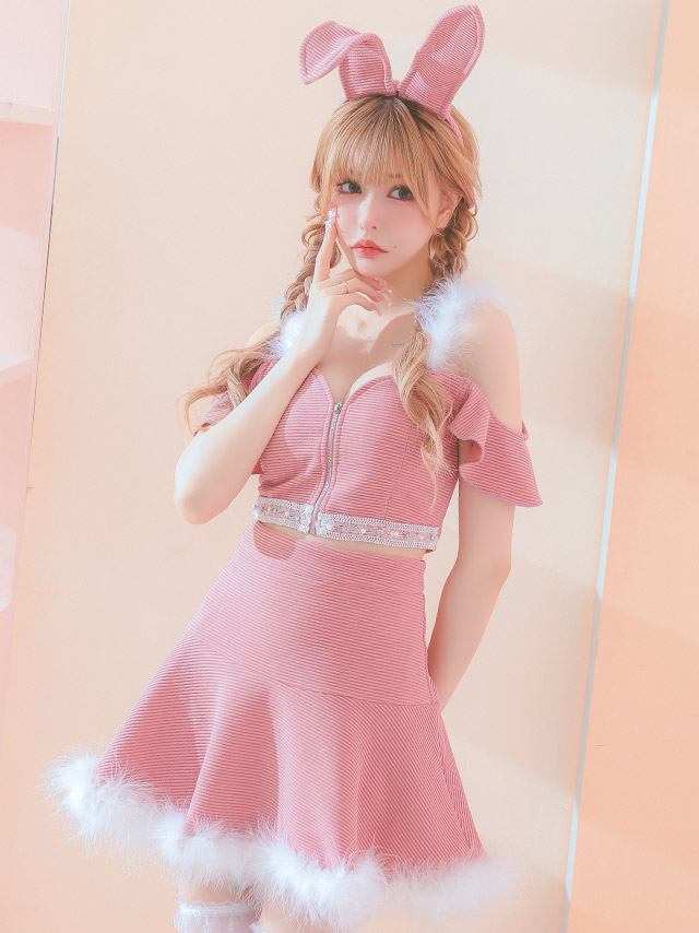 コスプレ バニーガール 3点set アニマル へそ出し ふわふわフェザー付き キャバドレス (トップス/スカート/カチューシャ)【ハロウィン】[tk-hw254805-1]のイメージ画像9