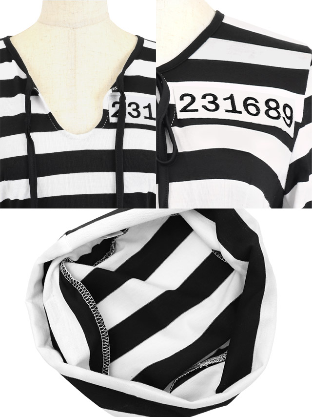 ハロウィンコスプレ ワッペン付き袖ありネックリボンフレアスカートフリル裾体型カバー囚人の商品詳細