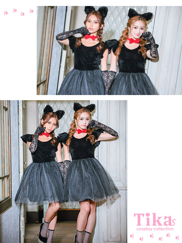 ハロウィンコスプレ ベロア×ゴージャスチュール体型カバーフレアスカート黒猫ガーリーアニマルのイメージ画像4