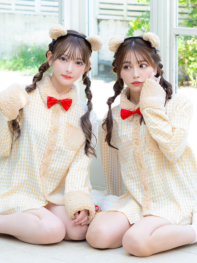 ボア付きガーリーチェックシャツ袖ありテディベア体型カバーアニマルのイメージ画像3