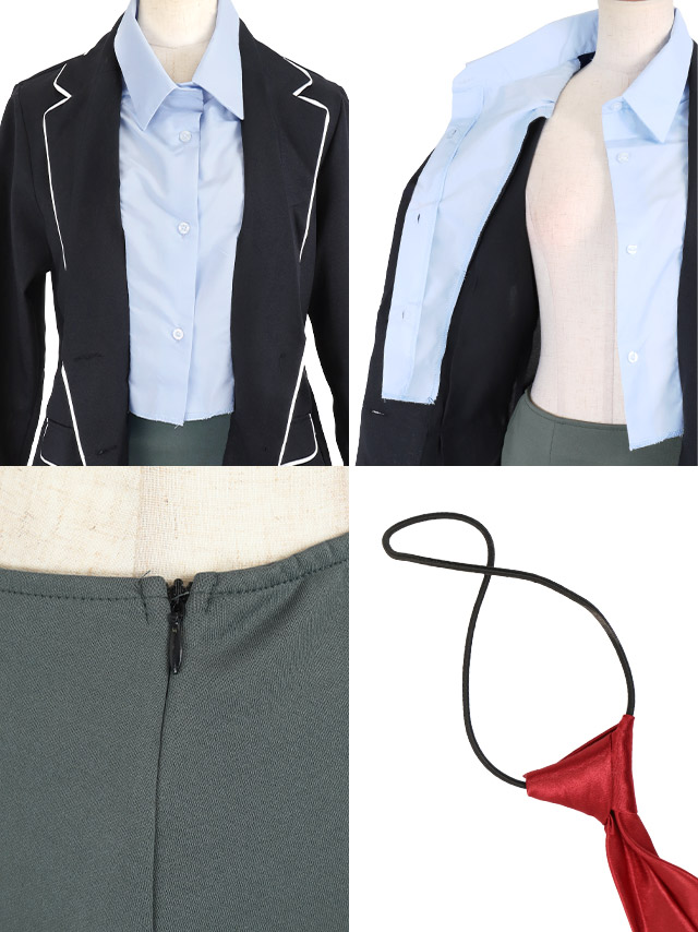 ネクタイ付きストレッチタイトスカート袖ありパイピングスクールブレザーの商品詳細