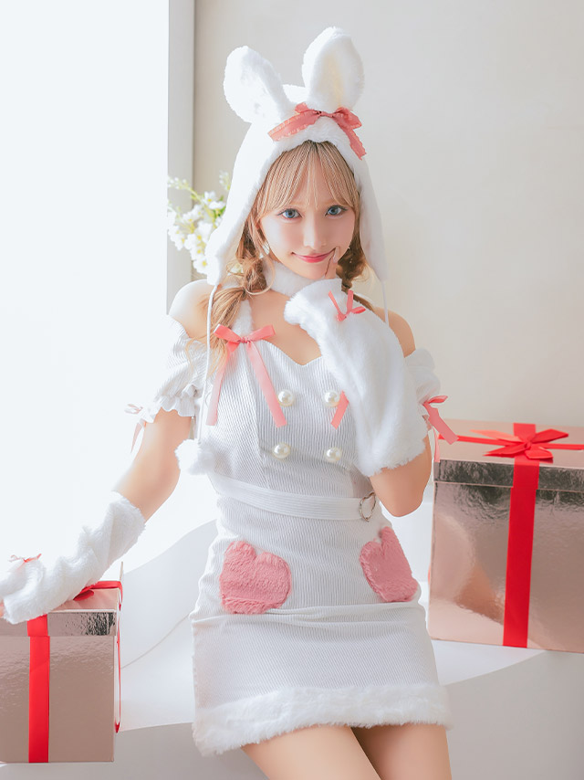 サンタコス 5点set ハートモチーフもこもこガーリーリボンラブリーホワイトバニーアニマルサンタコスプレのイメージ画像4
