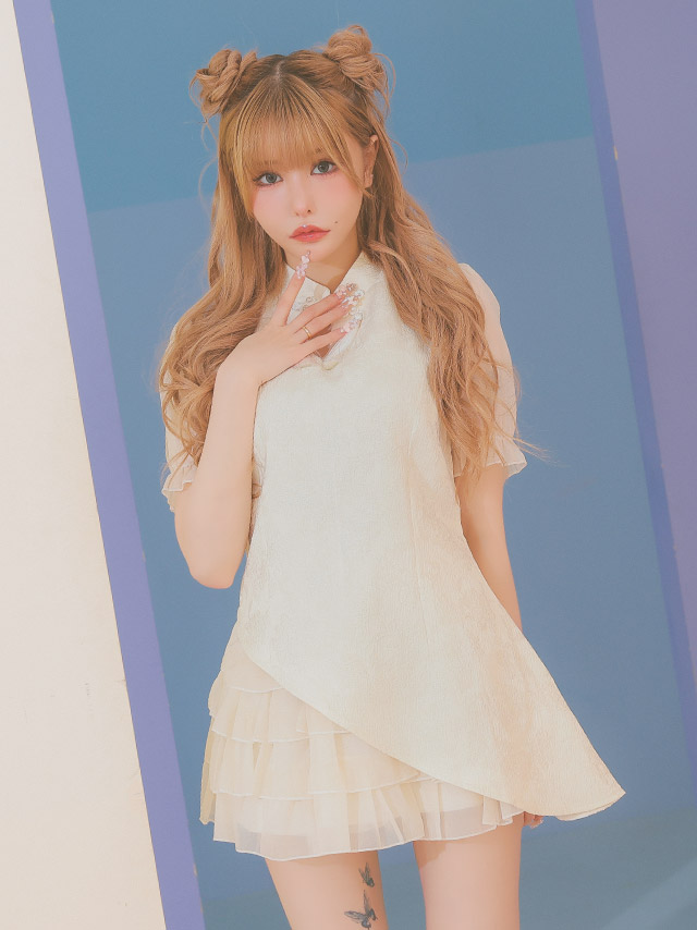 コスプレ チャイナ服 2点set 体型カバー 半袖 ティアードフリル [2点セット] (トップス/スカート)【ハロウィン】[tk-hw9832]のイメージ画像3