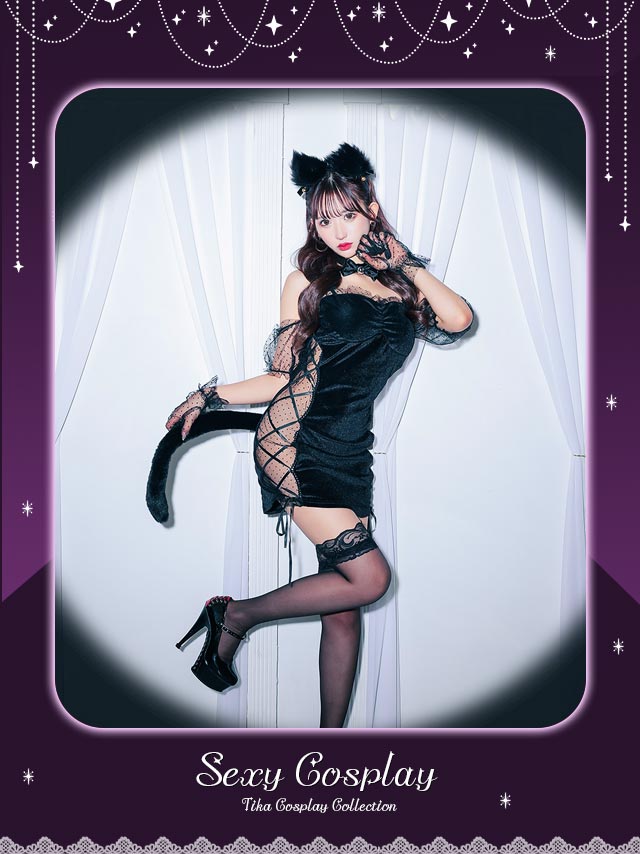 ハロウィンコスプレ 4点set ドット柄シアー×ベロア編み上げ黒猫セクシーアニマルのイメージ画像2