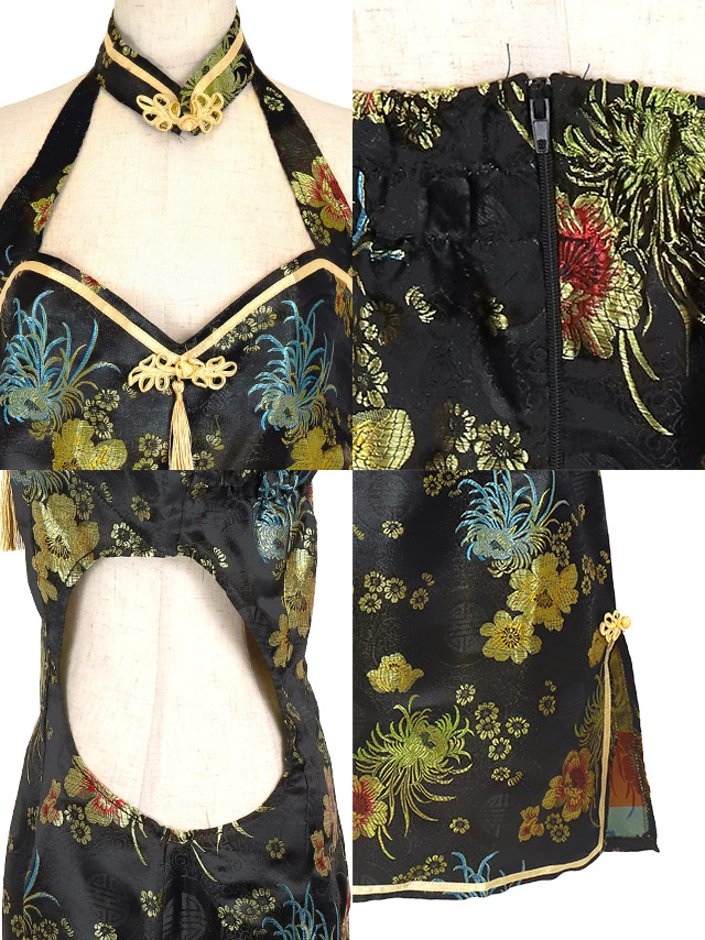 ハロウィンコスプレ ゴールド刺繍セクシーカットアウトミニ丈チャイナドレスの詳細アップ