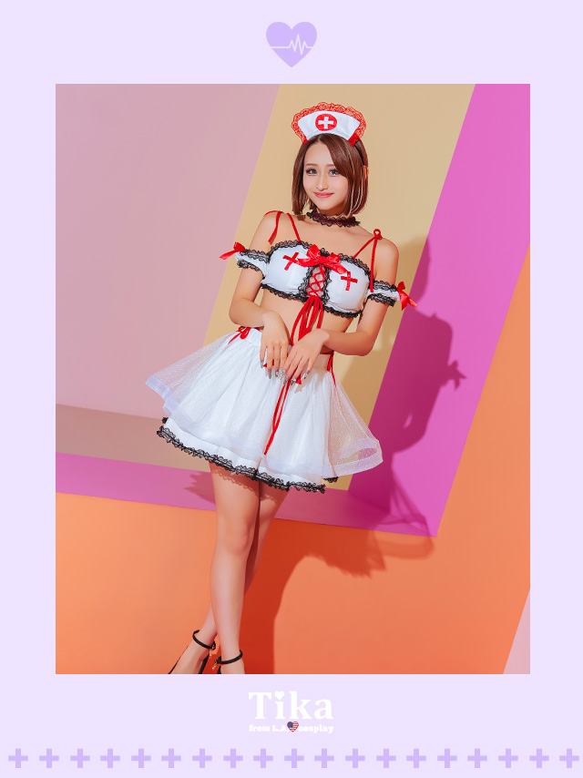 ハロウィンコスプレ レースアップリボンフレアスカートへそ出しセパレートセクシーナースのイメージ画像1