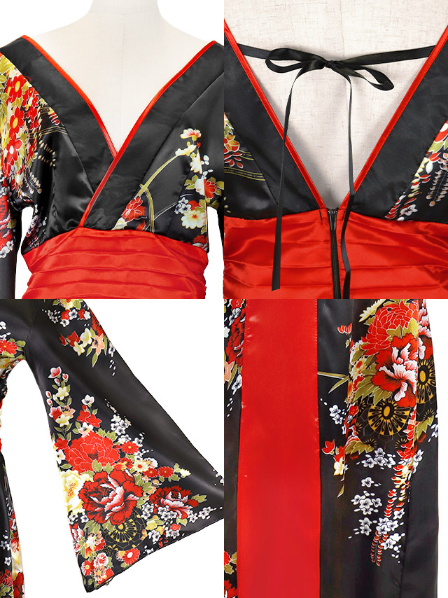 バックリボン花魁和装ロング丈ドレスのブラックレッド商品詳細画像