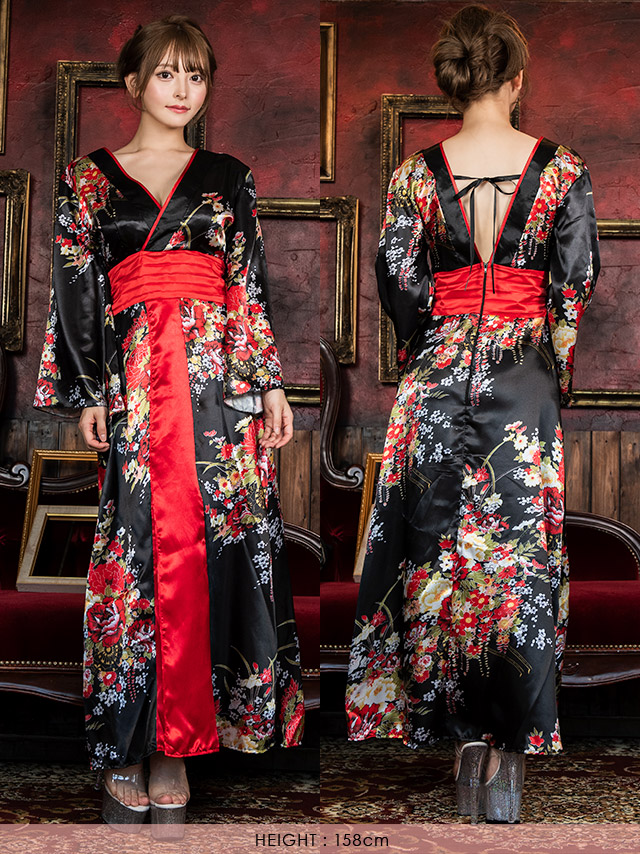 花魁和装サテンロング丈ドレスのフロントバック画像
