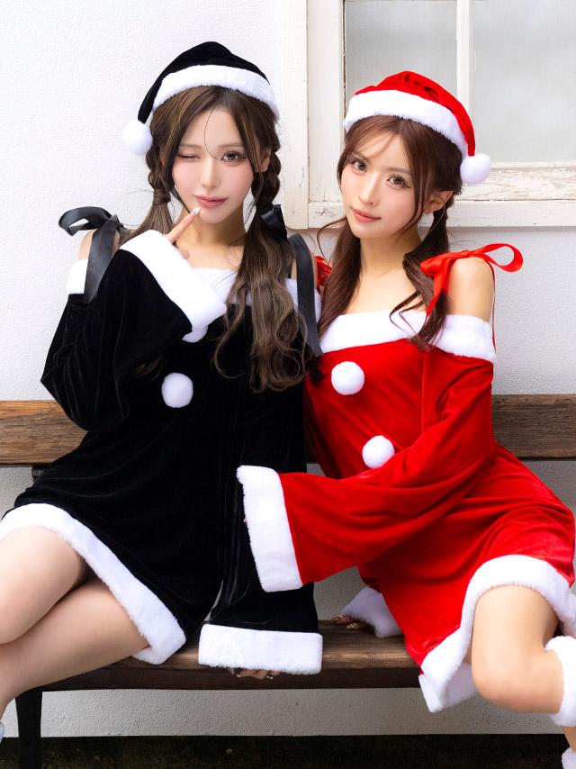 サンタコスプレ 3点set オフショル風 ショルダーサテンリボン 袖あり フレアスリーブ ペア [ワンピース+帽子+レッグウォーマー]のイメージ画像6