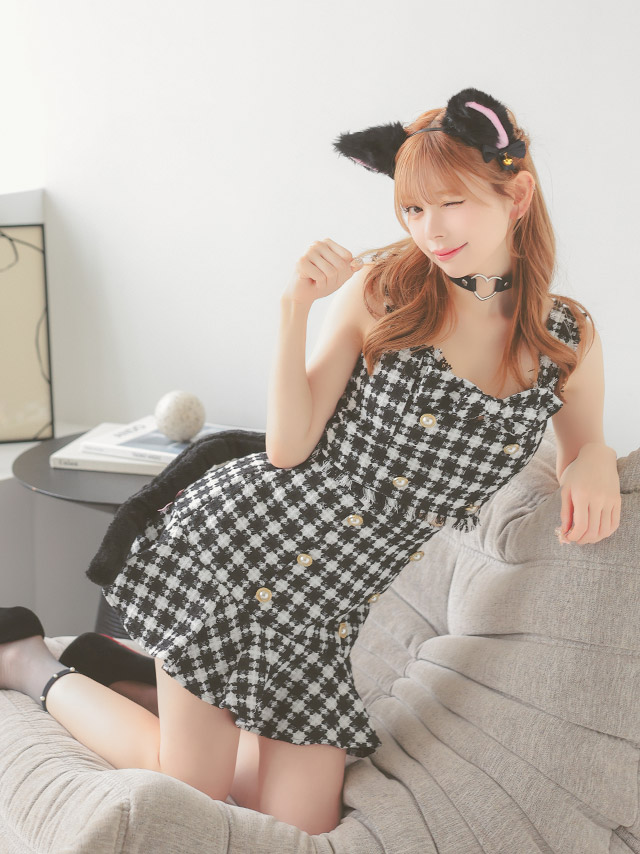 コスプレ キャット 5点set ツイード 千鳥柄 ガーリー へそ出し セパレート 裾フリル アニマル (トップス/スカート/カチューシャ/チョーカー/尻尾)【ハロウィン】[tk-hw10227b]のイメージ画像3