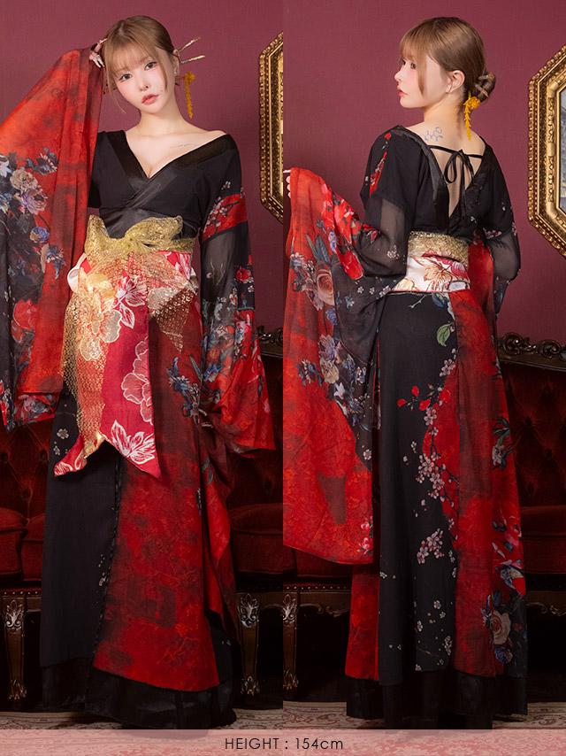 花魁 アートフラワー ロング丈 和装ドレスのフロントバック全身
