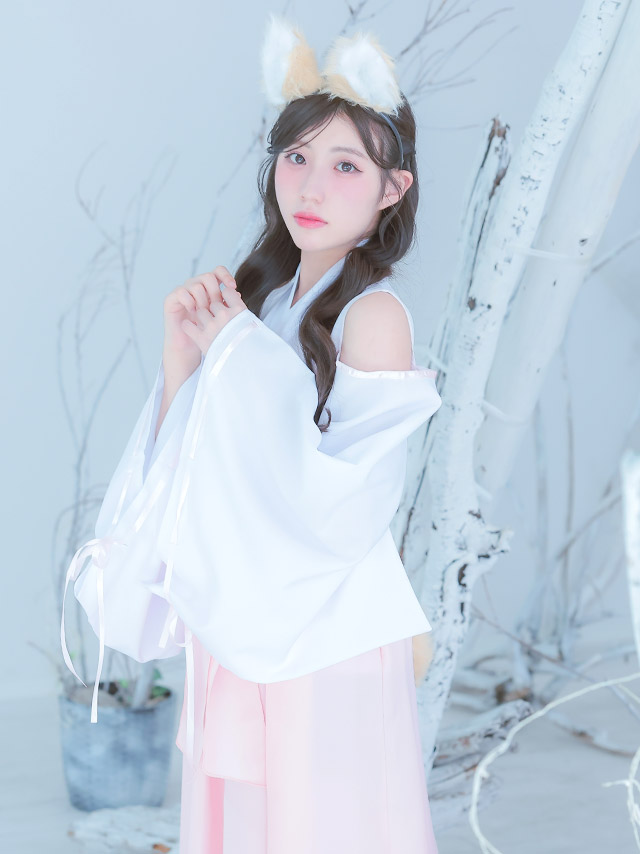 コスプレ 巫女 狐 4点set 体型カバー 袖あり 長袖 ロング丈 オープンショルダー リボン 和装 アニマル (トップス/スカート/カチューシャ/しっぽ)【ハロウィン】[tk-hw534793]のイメージ画像4