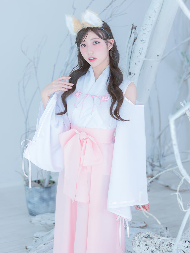 コスプレ 巫女 狐 4点set 体型カバー 袖あり 長袖 ロング丈 オープンショルダー リボン 和装 アニマル (トップス/スカート/カチューシャ/しっぽ)【ハロウィン】[tk-hw534793]のイメージ画像4