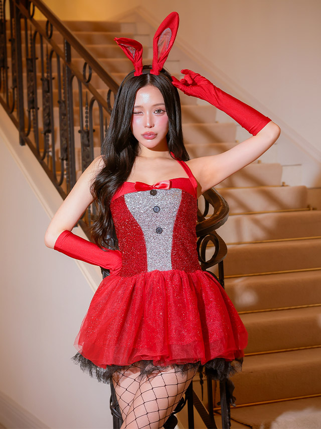 コスプレ バニーガール 3点set アニマル キラキラ 胸元リボン フレアミニスカート [3点セット] (ワンピース/手袋/カチューシャ)【ハロウィン】[tk-hw616c]のイメージ画像3