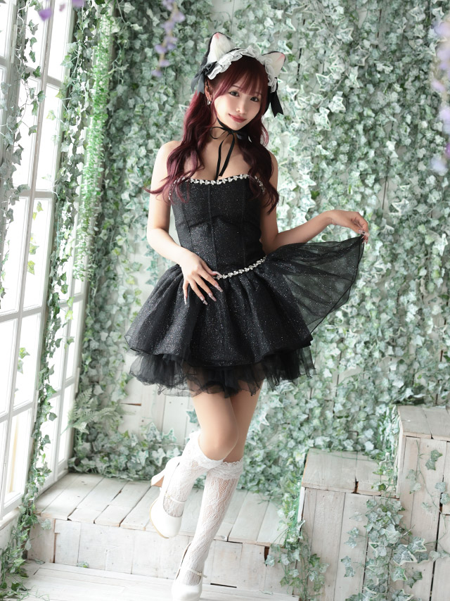 猫 コスプレ ビジューライン ラメ ガーリー ボリュームフレアスカート ロリーター 黒猫 アニマル 3点セットのイメージ画像2