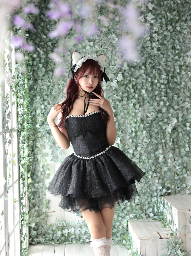 猫 コスプレ ビジューライン ラメ ガーリー ボリュームフレアスカート ロリーター 黒猫 アニマル 3点セットのイメージ画像3