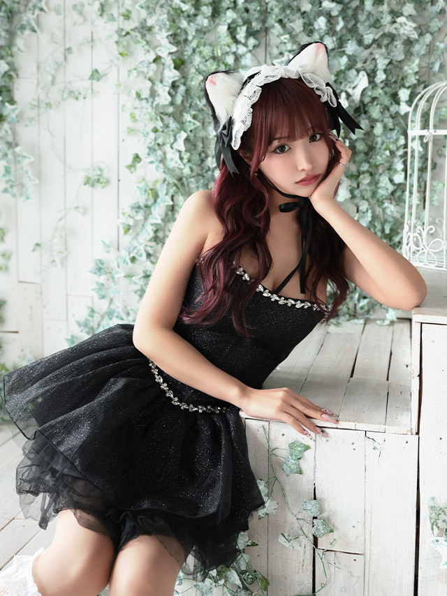猫 コスプレ ビジューライン ラメ ガーリー ボリュームフレアスカート ロリーター 黒猫 アニマル 3点セットのイメージ画像4
