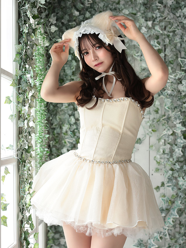 猫 コスプレ ストーンライン ラメ ガーリー ボリュームフレアスカート ロリーター 白猫 アニマル 3点セットのイメージ画像2