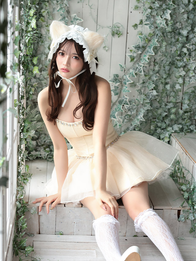 猫 コスプレ ストーンライン ラメ ガーリー ボリュームフレアスカート ロリーター 白猫 アニマル 3点セットのイメージ画像4