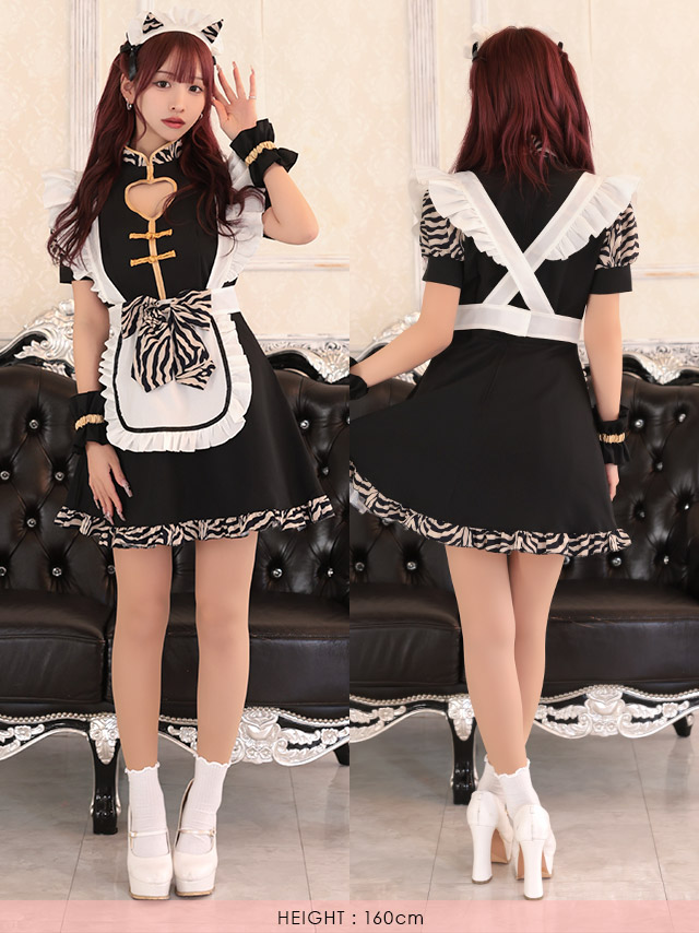 メイド コスプレ 鬼 新年 正月 お化けの日 ハートカット フレアスカート 体型カバー ガーリー アニマル 4点セットのフロントサイド画像