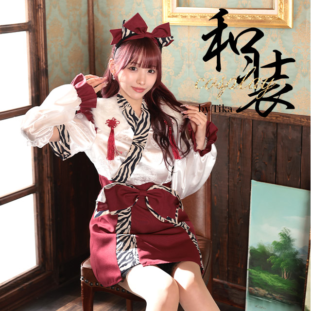 巫女 コスプレ 鬼 新年 正月 お化けの日 タッセル付き フレアスカート 体型カバー ガーリー リボン フリル 3点セットのメイン画像