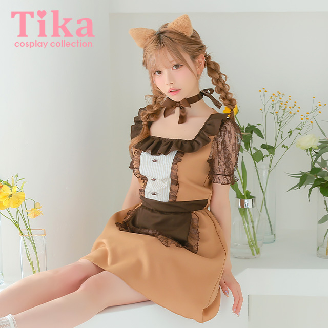 3点set メイドデザインキャラメルキティフレアスカートガーリー猫アニマルコスプレのメイン画像