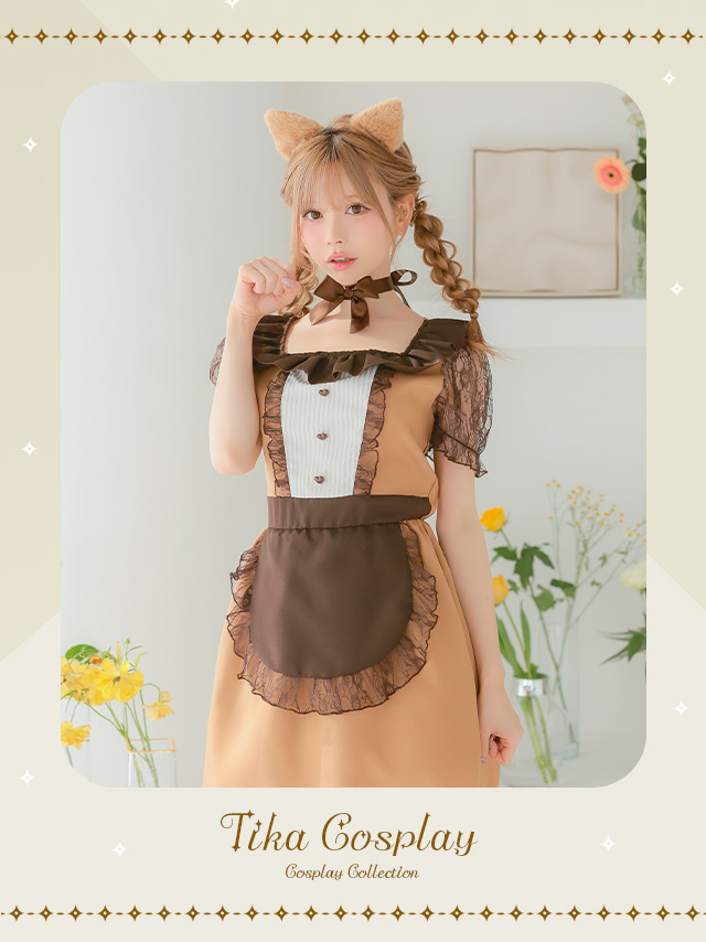 3点set メイドデザインキャラメルキティフレアスカートガーリー猫アニマルコスプレのイメージ画像1