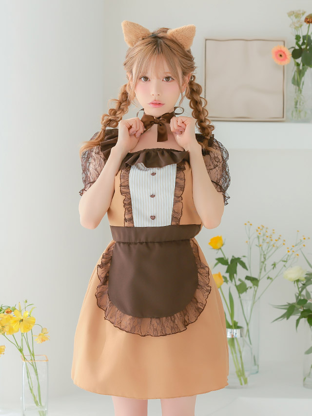 3点set メイドデザインキャラメルキティフレアスカートガーリー猫アニマルコスプレイメージ画像4