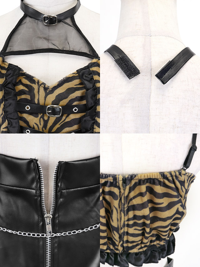 鬼 コスプレ 新年 正月 お化けの日 へそ出し レザー チェーン フレアスカート ガーリー アニマル 4点セットの商品詳細